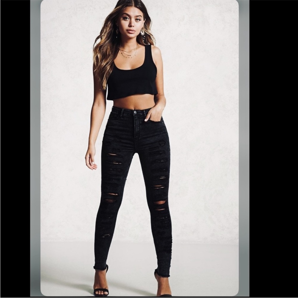 Black distressed ripped SKINNY JEANS distressed jeans pants crop jeans